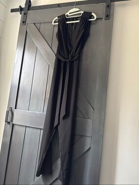 Le Château Black Satin Jumpsuit with Waist Tie
